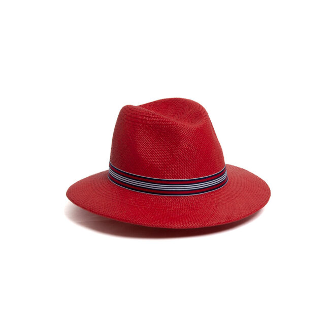 Fedora Panama - Fellini 2 - rouge - ruban ligné - collection casual - Maison Fabienne Delvigne