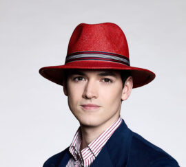 Fedora en panama - Fellini - rouge - ruban ligné - collection casual - Maison Fabienne Delvigne