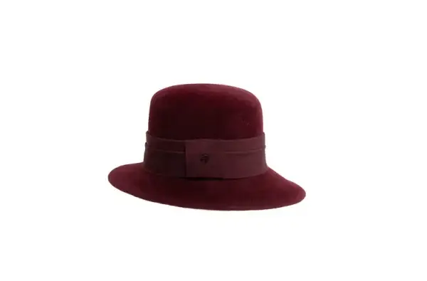 Asymmetrical Canotier Hat in burgundy velvet felt Maison by Fabienne Delvigne