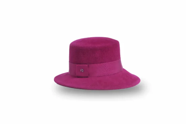 Asymmetrical Canotier Hat in Burgundy Velvet Felt Maison by Fabienne Delvigne