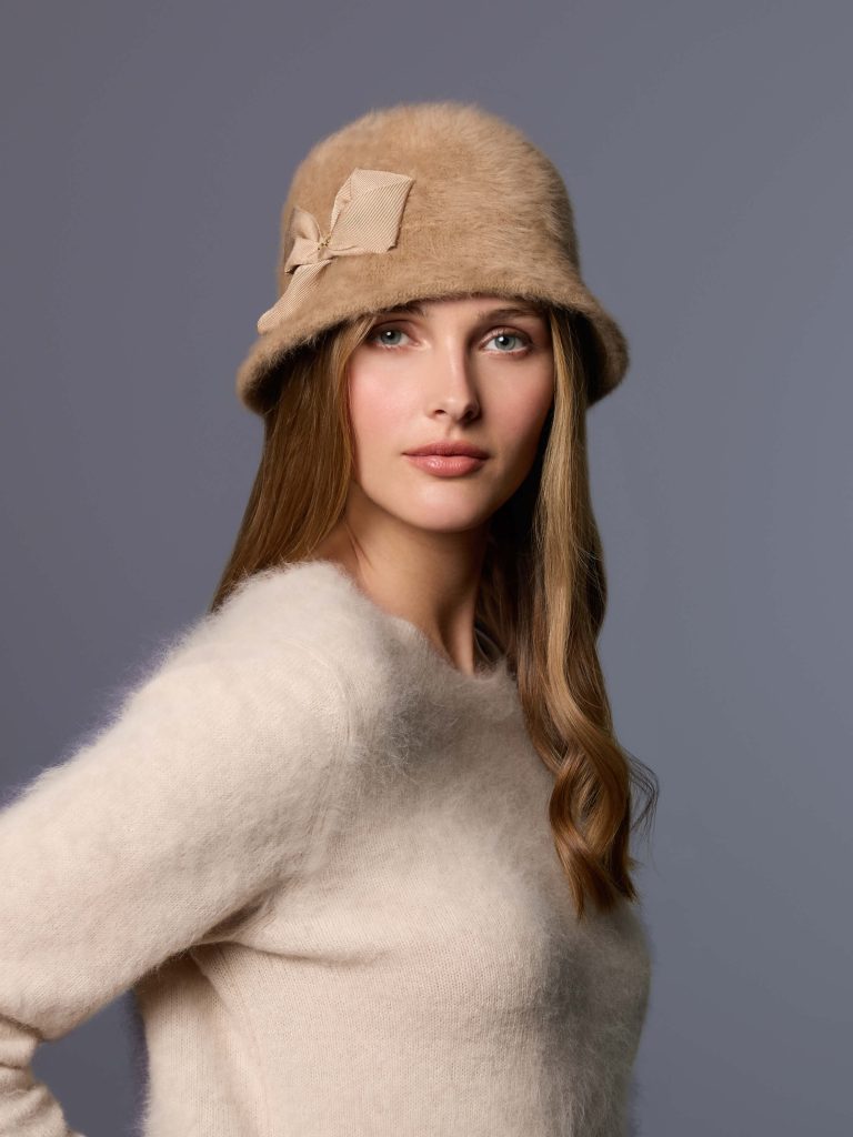 Mannequin wearing the beige Sophia cloche hat