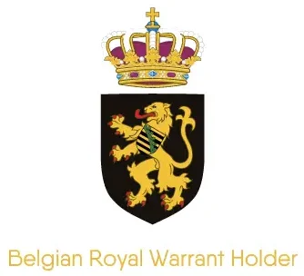 Coat of arms of the Belgian Court black and yellow with all text patented supplier to the Belgian Court