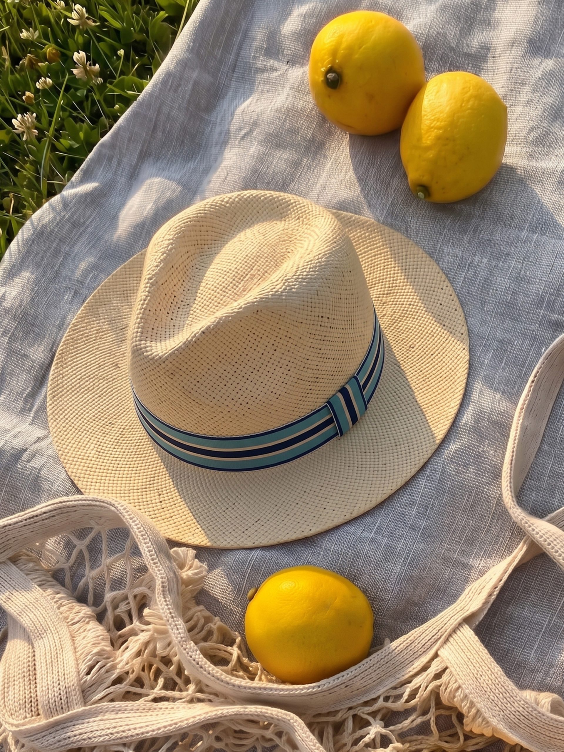 Natural sun hat fedora panama Fellini laid on a blanket - Maison Fabienne Delvigne
