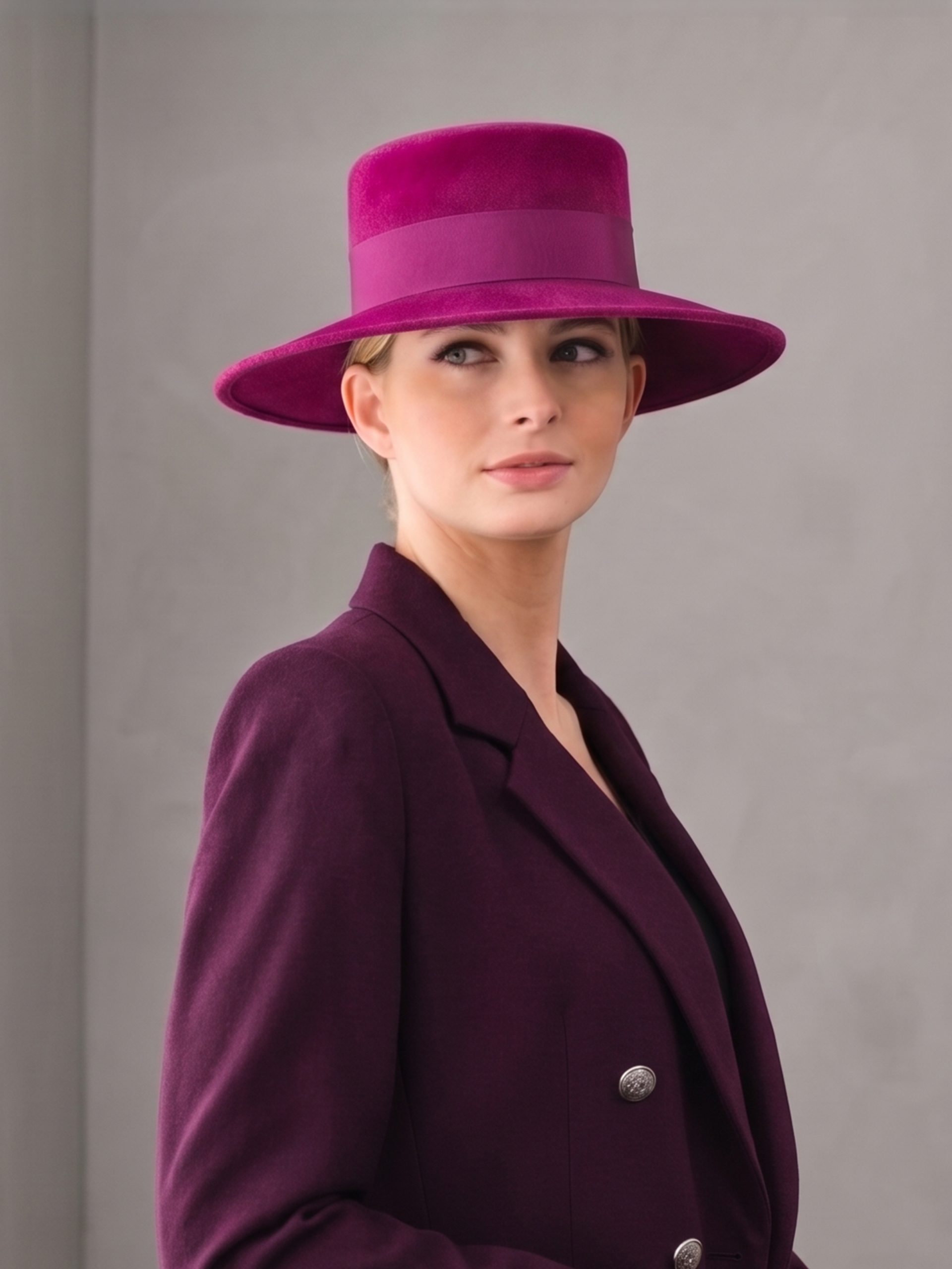 Woman wearing a violet velvet felt boater hat matching her clothes
