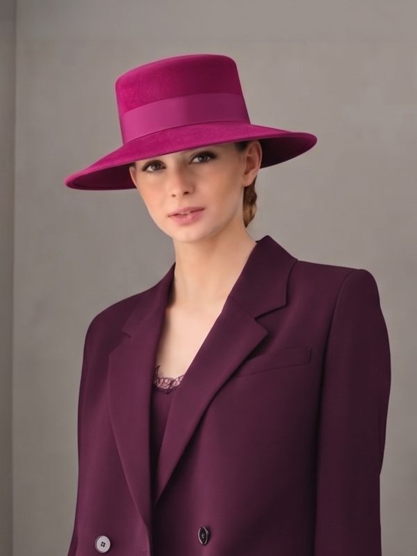 Woman wearing the canotier cap Marion violin in velvet felt Maison Fabienne Delvigne